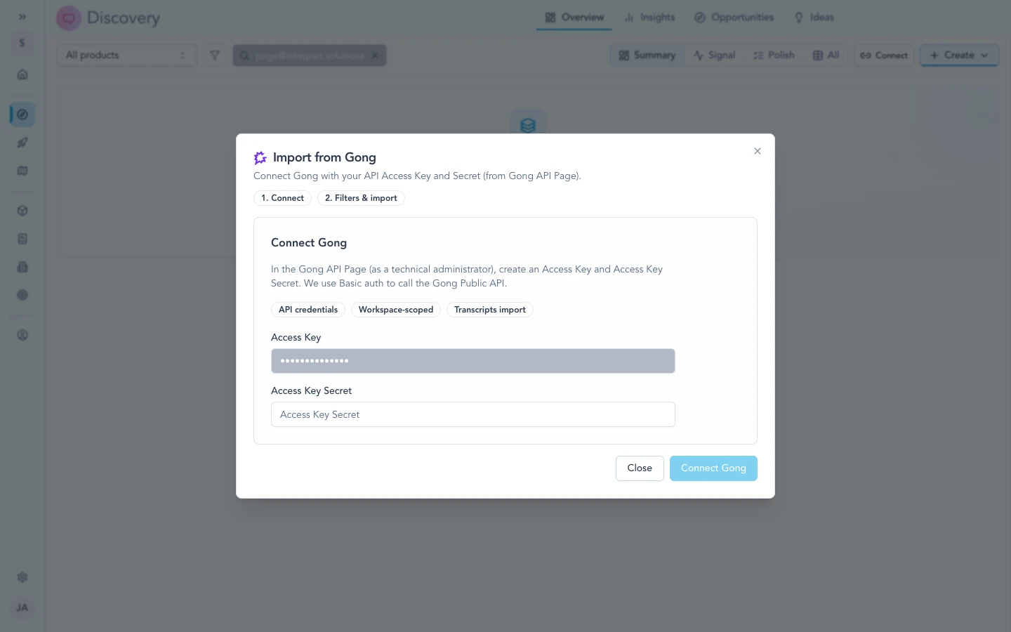 Discovery import flow connecting Gong with workspace credentials.