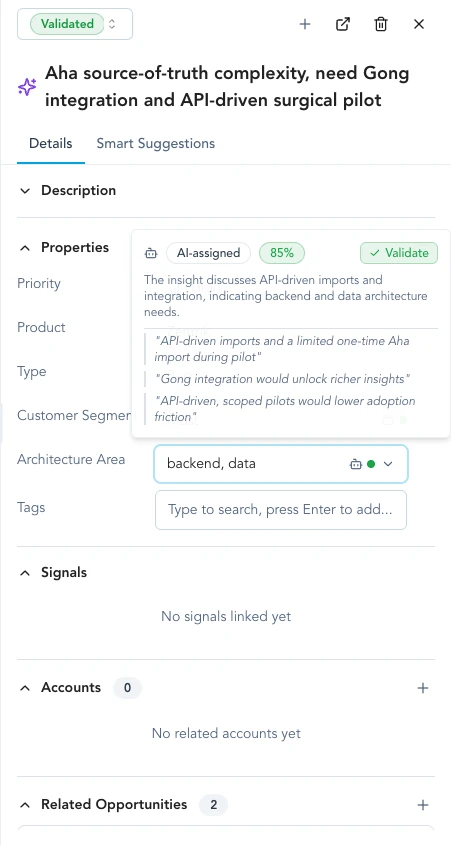 Vertical insight detail with taxonomy and AI-assisted classification controls.