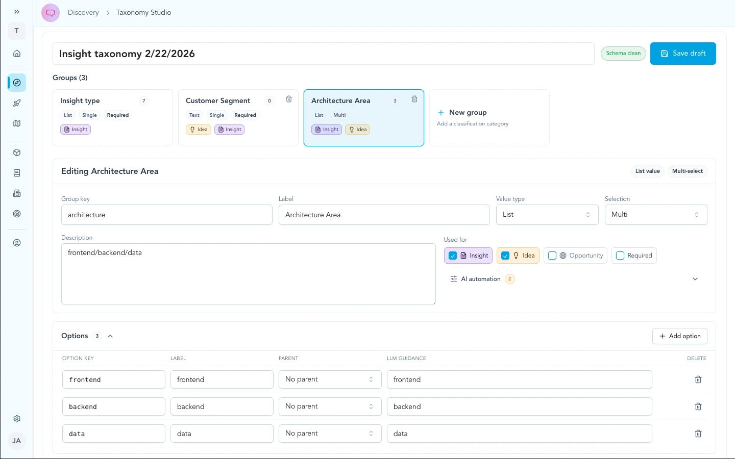 Taxonomy studio configuring dimension values such as product area or architecture.