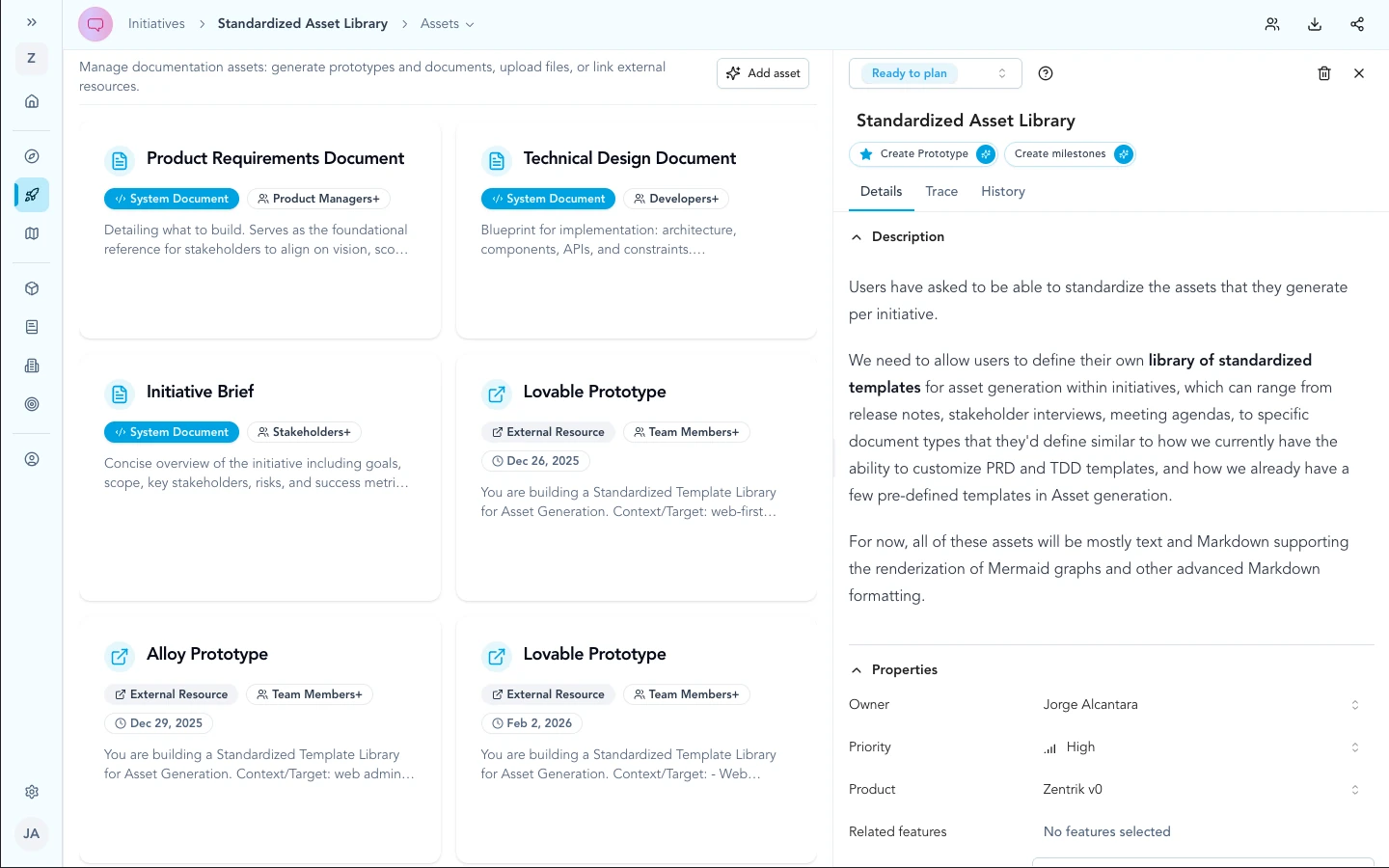 Initiative asset library grid with documents and external prototype cards.