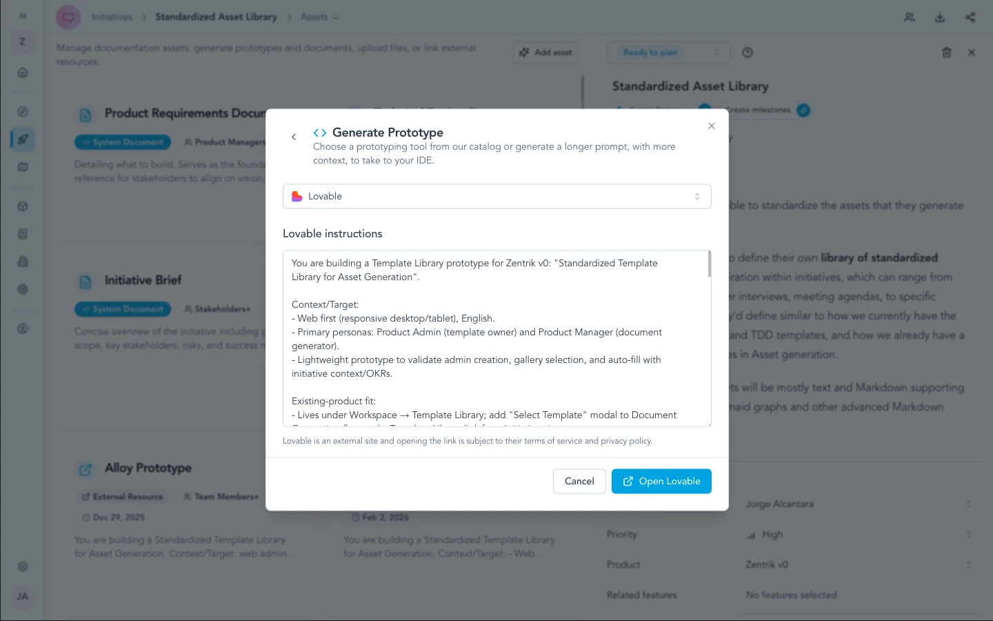 Generate prototype modal while Zentrik prepares the handoff instructions.