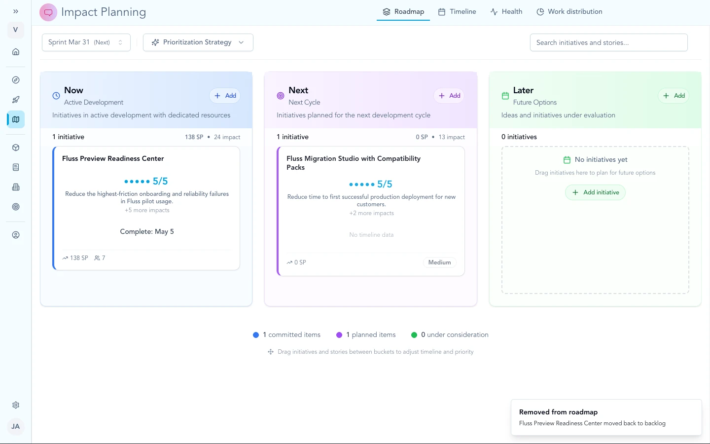 Impact Planning roadmap board in Zentrik with initiatives in columns.