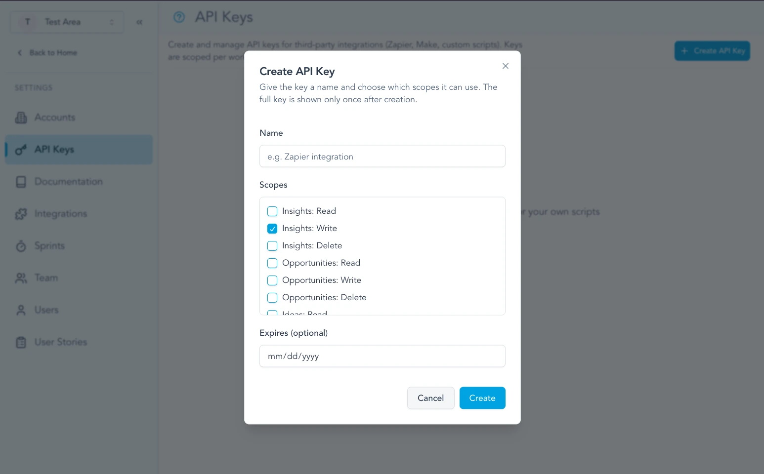 Modal for creating an API key with scope checkboxes.