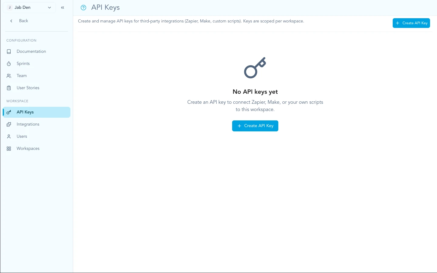 Zentrik workspace Settings showing the API keys area before any keys exist.