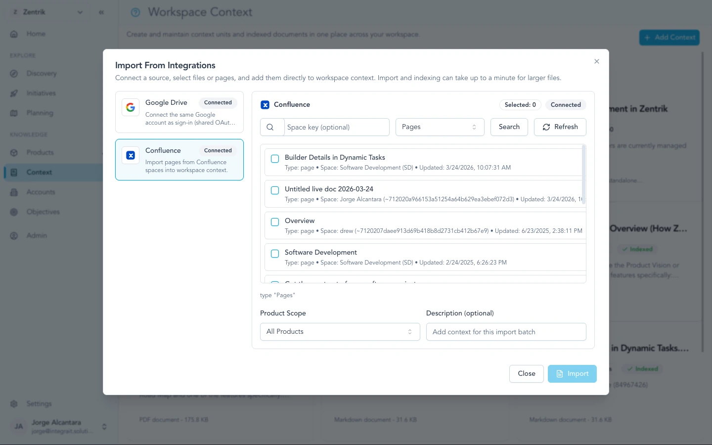 Search and select Confluence pages to import into Zentrik workspace context.