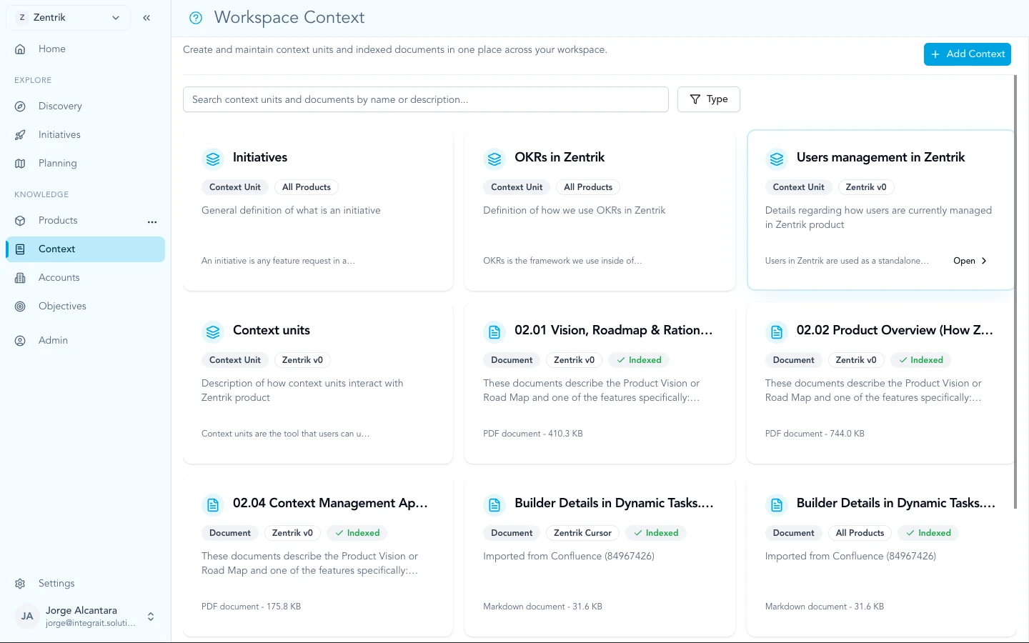 Workspace context overview grid of context units and structured product anchors.